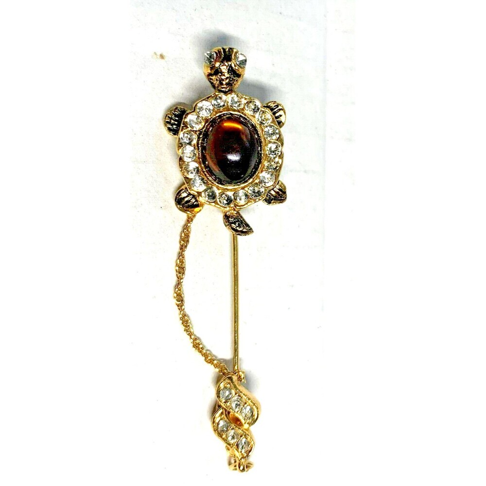 VTG Turtle Stick Pin Gold Tone Brooch Garnet Crystal Tie Bar Lapel Brooch